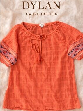 Dylan Gauze Cotton Boho Blouse Embroidered Sleeve Tassel Top M